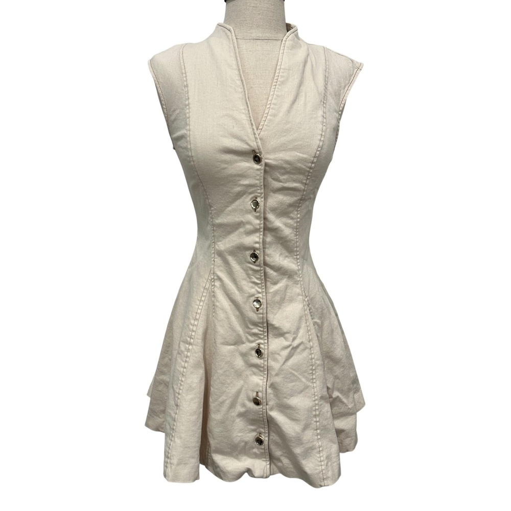 Zara Women XS Ecru Denim Mini Dress Sleeveless Fit and Flare High Neck Button Up